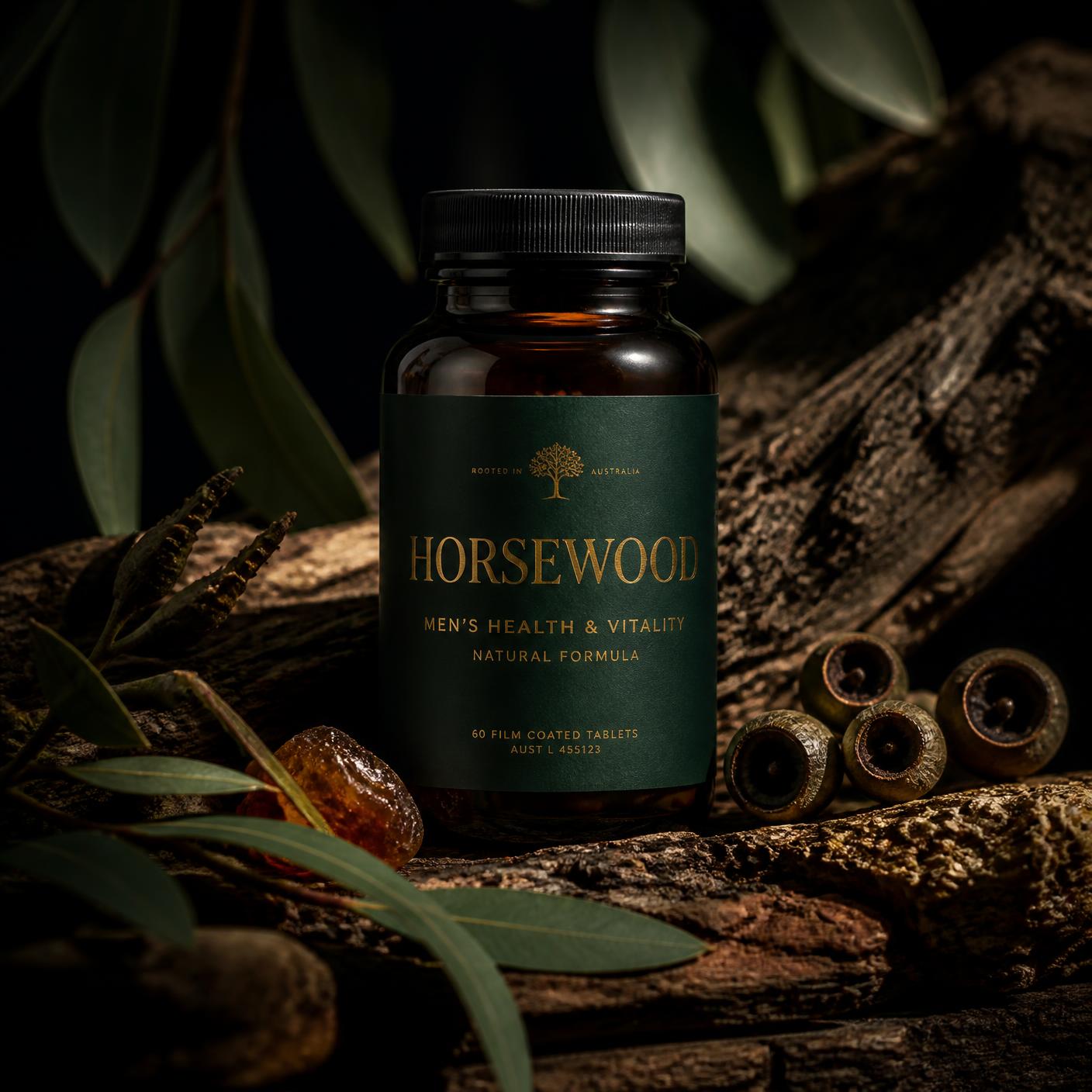 HorseWood natural men's supplement bottle on Australian eucalyptus wood