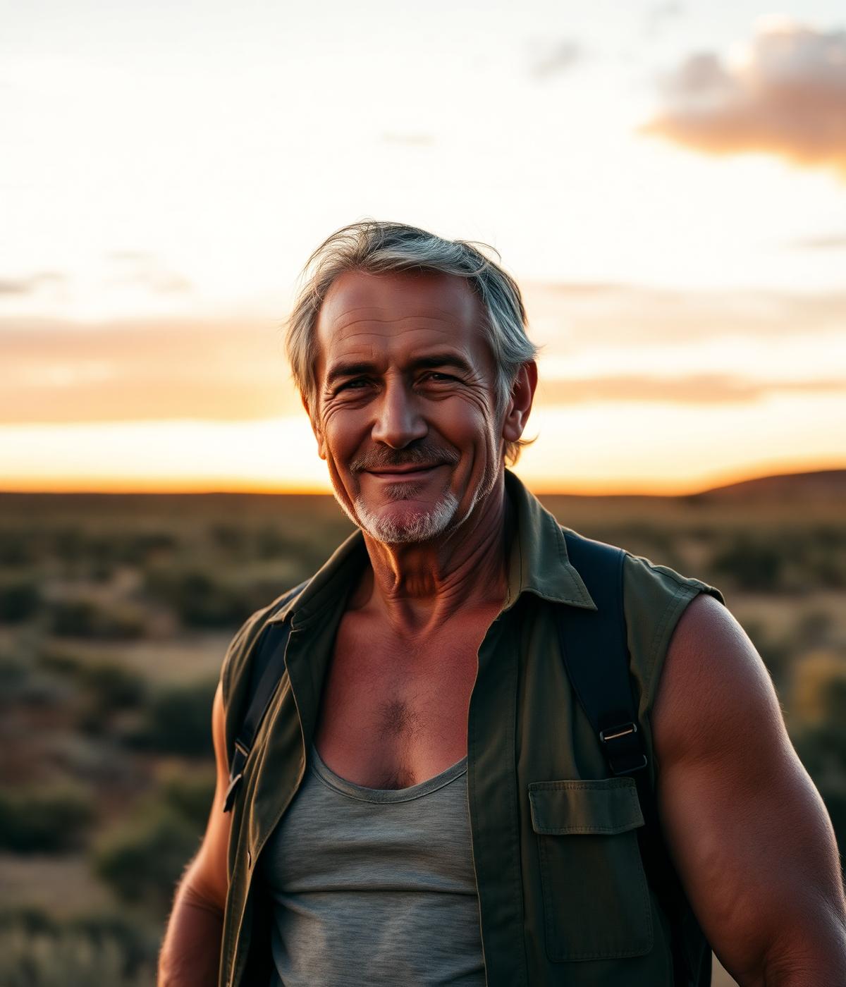 Australian man in his fifties feeling energised outdoors at sunset